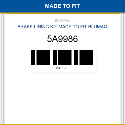 5A9986 Brake lining kit Made to fit