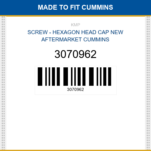 3070962 Screw - hexagon head cap Made to fit for CUMMINS