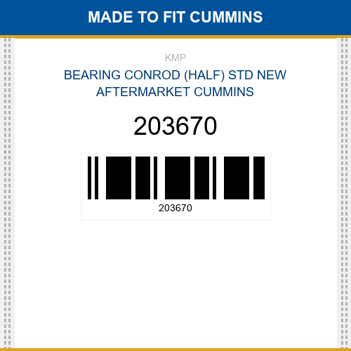 203670 Bearing conrod (half) std Made to fit for CUMMINS