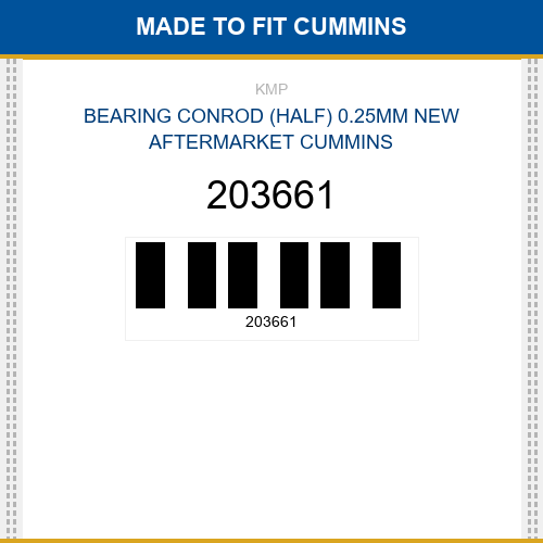 203661 Bearing conrod (half) 0.25mm Made to fit for CUMMINS