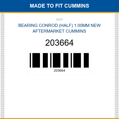 203664 Bearing conrod (half) 1.00mm Made to fit for CUMMINS
