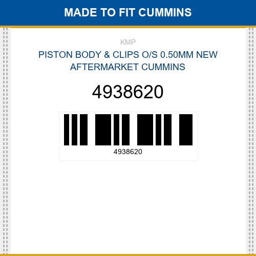 4938620 Piston body & clips o/s 0.50mm Made to fit for CUMMINS
