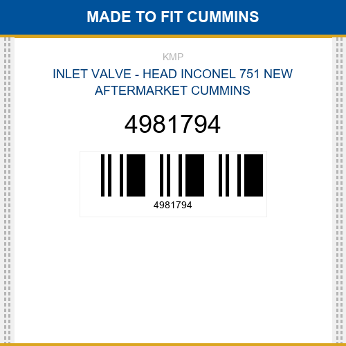 4981794 Inlet valve - head inconel 751 Made to fit for CUMMINS