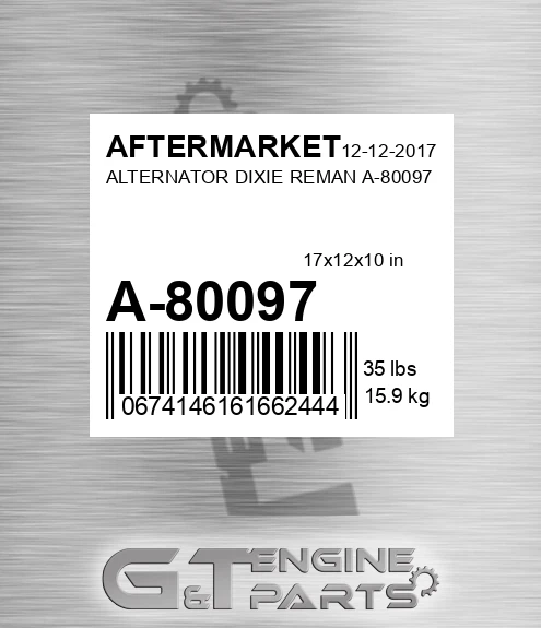 A-80097 Alternator Dixie Reman A-80097 for AFTERMARKET