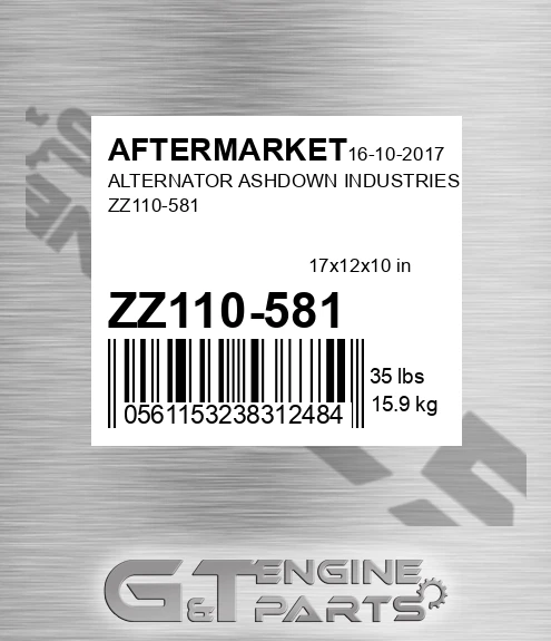 ZZ110-581 Alternator Ashdown Industries Zz110-581 for AFTERMARKET