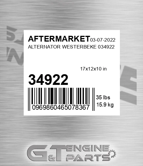 34922 Alternator Westerbeke 0 for AFTERMARKET