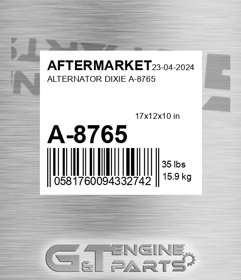 A-8765 Alternator Dixie A-8765 for AFTERMARKET