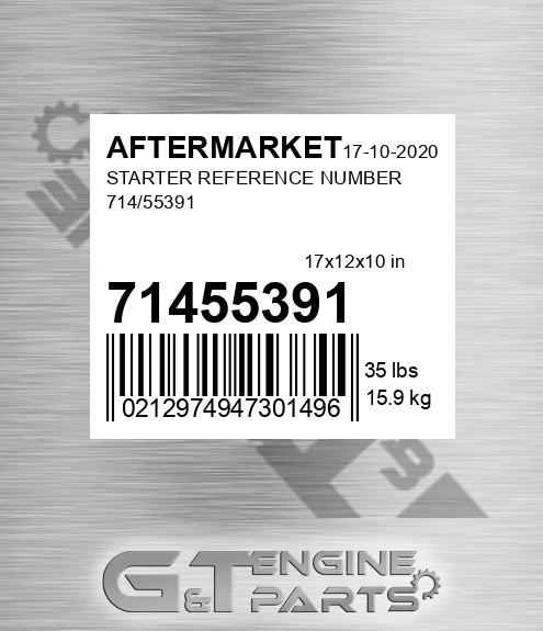 71455391 Starter Reference Number for AFTERMARKET