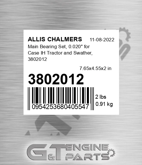 3802012 Main Bearing Set, 0.020" For Case Ih Tractor And Swather,