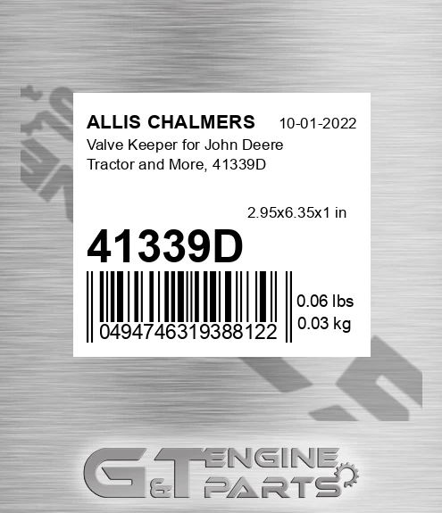 41339D Valve Keeper For John Deere Tractor And More,