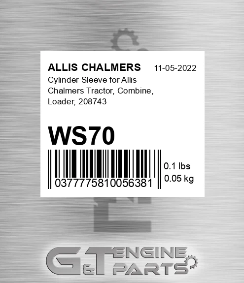 WS70 Cylinder Sleeve For Tractor, Combine, Loader, 208743