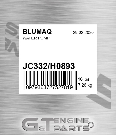 JC332/H0893 Water Pump for BLUMAQ