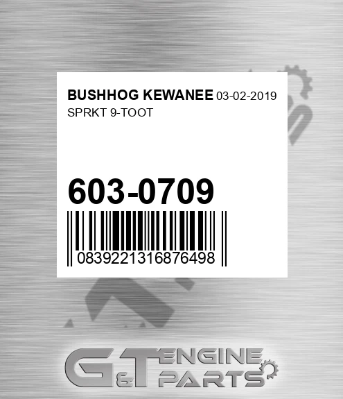 603-0709 Sprkt 9-toot for BUSHHOG KEWANEE