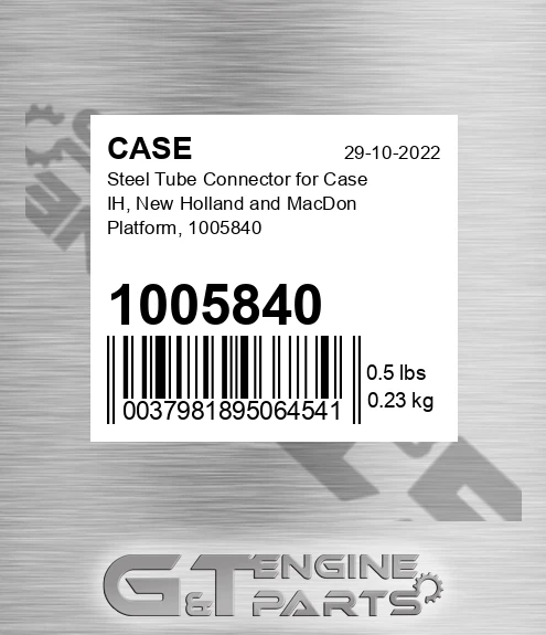 1005840 CASE Steel Tube Connector For Case Ih, New Holland And Macdon Platform,