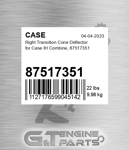 87517351 Right Transition Cone Deflector For Ih Combine,