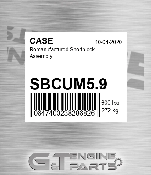 SBCUM5.9 Remanufactured Shortblock Assembly for CASE