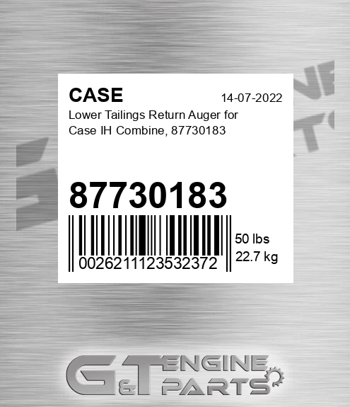 87730183 Lower Tailings Return Auger For Ih Combine,