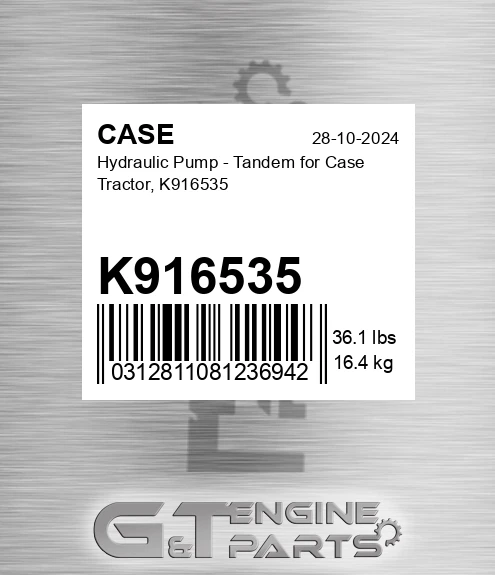 K916535 CASE Hydraulic Pump - Tandem For Case Tractor,