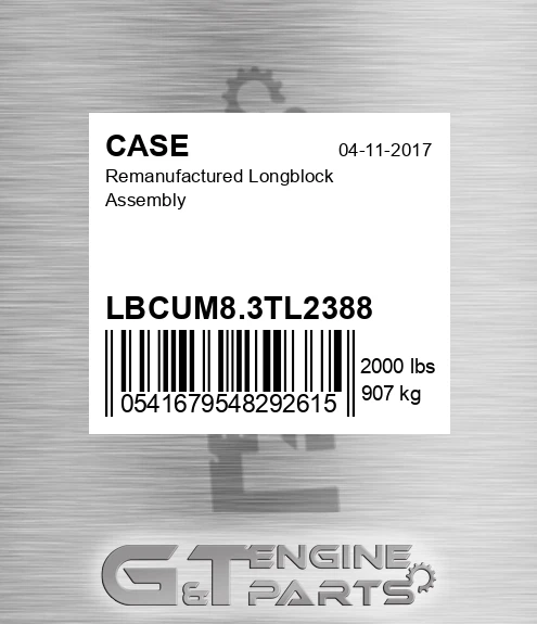 LBCUM8.3TL2388 Remanufactured Longblock Assembly for CASE