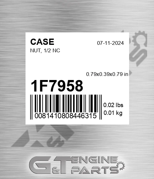 1F7958 Nut, 1/2 Nc
