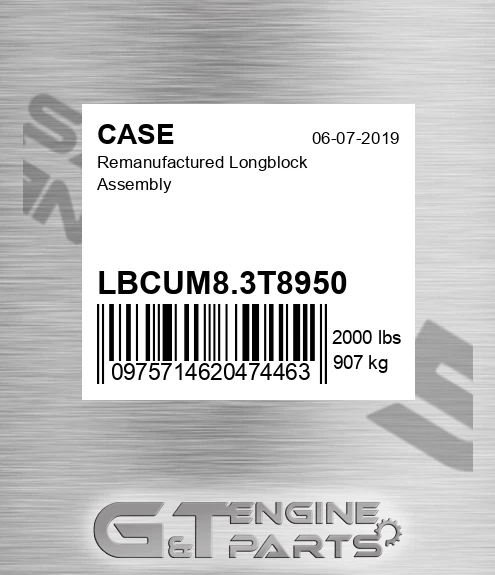 LBCUM8.3T8950 Remanufactured Longblock Assembly for CASE