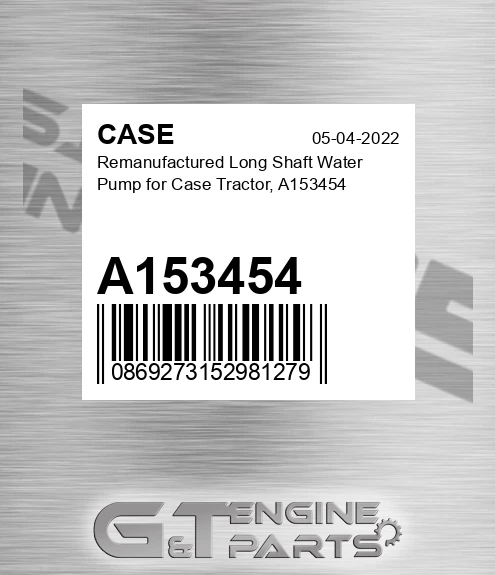 A153454 CASE Remanufactured Long Shaft Water Pump For Case Tractor,