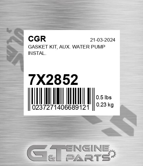 7X2852 CGR Gasket Kit, Aux. Water Pump Instal.