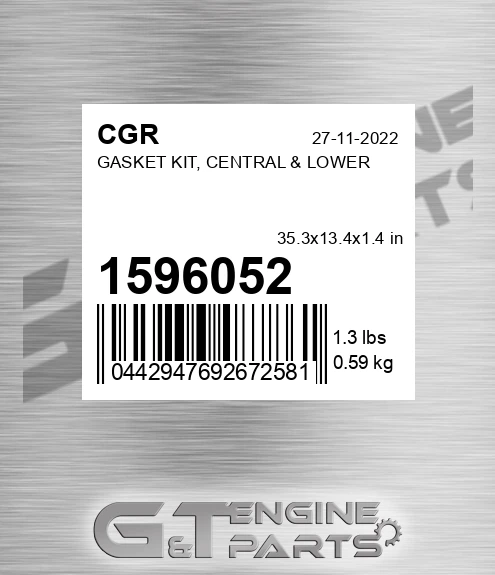 1596052 Gasket Kit, Central & Lower