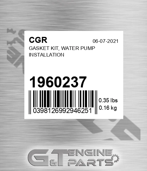 1960237 Gasket Kit, Water Pump Installation