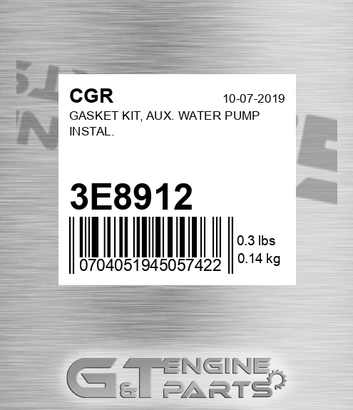 3E8912 Gasket Kit, Aux. Water Pump Instal.