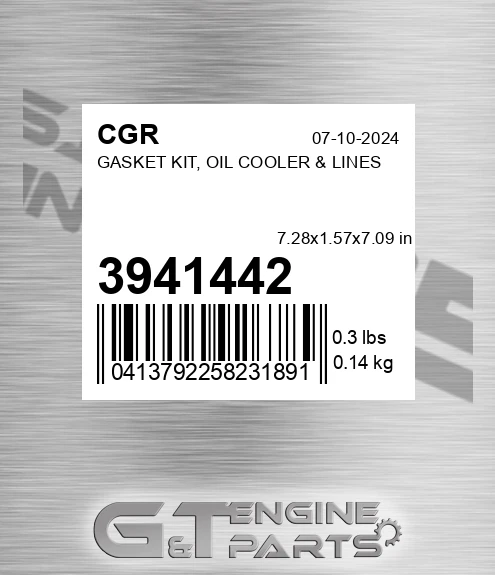 3941442 CGR Gasket Kit, Oil Cooler & Lines