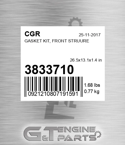 3833710 Gasket Kit, Front Struure