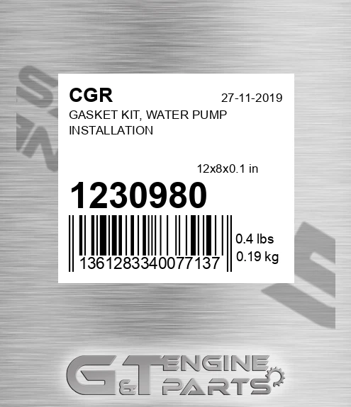 1230980 Gasket Kit, Water Pump Installation for CGR