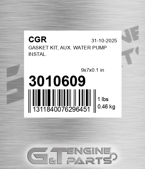 3010609 CGR Gasket Kit, Aux. Water Pump Instal.