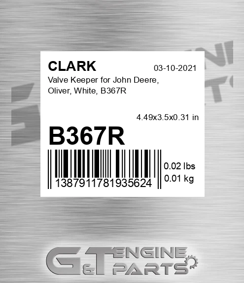 B367R Valve Keeper For John Deere, Oliver, White,