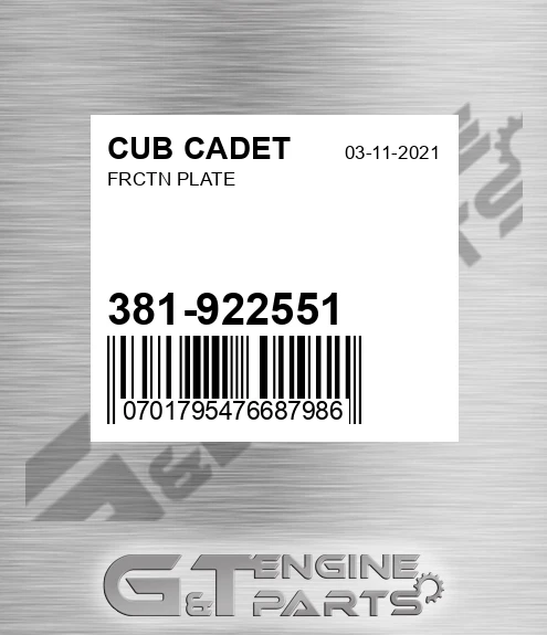 381-922551 Frctn Plate for CUB CADET