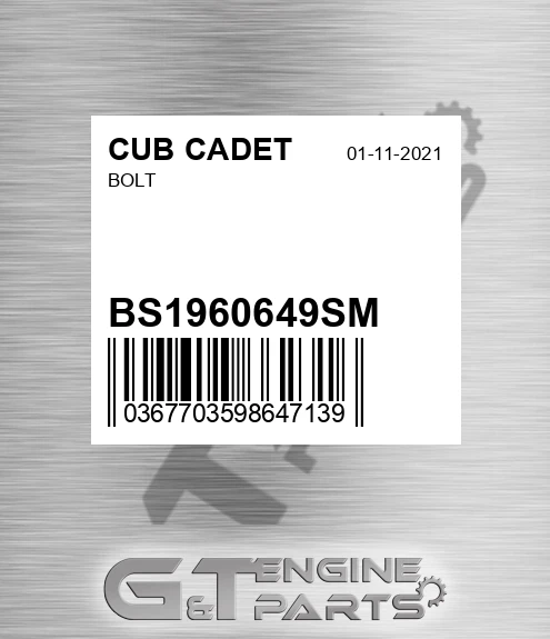 BS1960649SM Bolt for CUB CADET