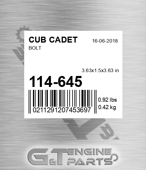 114-645 Bolt for CUB CADET