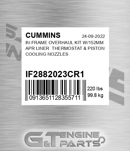 IF2882023CR-1 In-frame Overhaul Kit W/152mm Apr Liner Thermostat & Piston Cooling Nozzles for CUMMINS