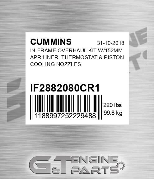 IF2882080CR-1 In-frame Overhaul Kit W/152mm Apr Liner Thermostat & Piston Cooling Nozzles for CUMMINS