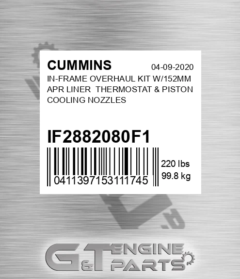 IF2882080F-1 In-frame Overhaul Kit W/152mm Apr Liner Thermostat & Piston Cooling Nozzles for CUMMINS