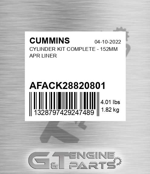 AFA-CK2882080-1 Cylinder Kit Complete - 152mm Apr Liner for CUMMINS