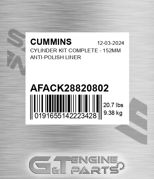 AFA-CK2882080-2 Cylinder Kit Complete - 152mm Anti-polish Liner for CUMMINS