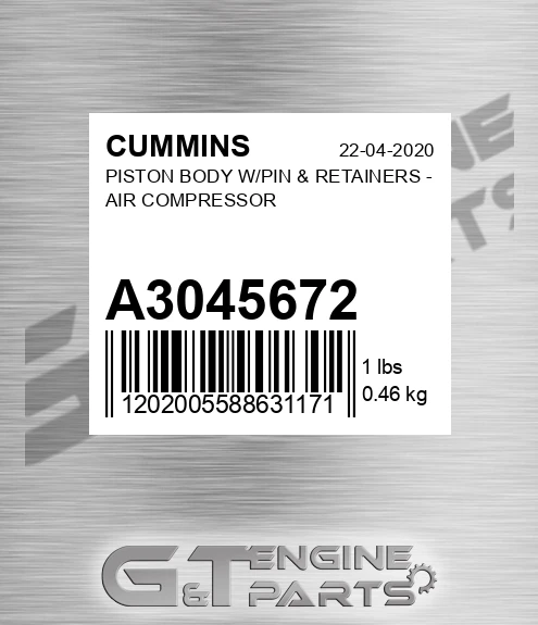A3045672 CUMMINS Piston Body W/pin & Retainers - Air Compressor