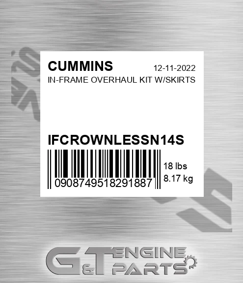 IFCROWNLESSN14S In-frame Overhaul Kit W/skirts for CUMMINS