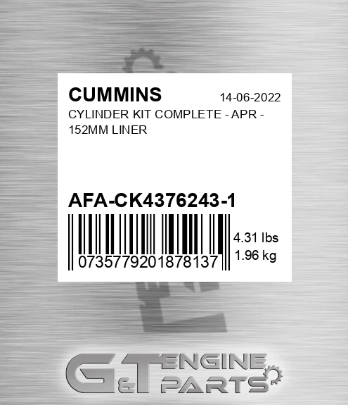 AFA-CK4376243-1 Cylinder Kit Complete - Apr - 152mm Liner for CUMMINS