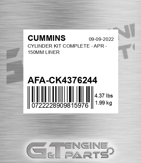 AFA-CK4376244 Cylinder Kit Complete - Apr - 150mm Liner for CUMMINS