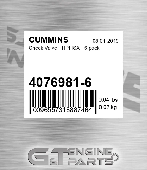 4076981-6 Check Valve - Hpi Isx - 6 Pack for CUMMINS