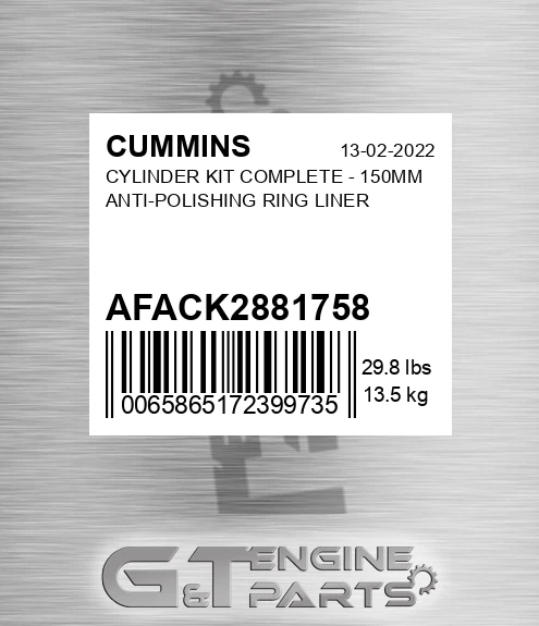 AFA-CK2881758 Cylinder Kit Complete - 150mm Anti-polishing Ring Liner for CUMMINS