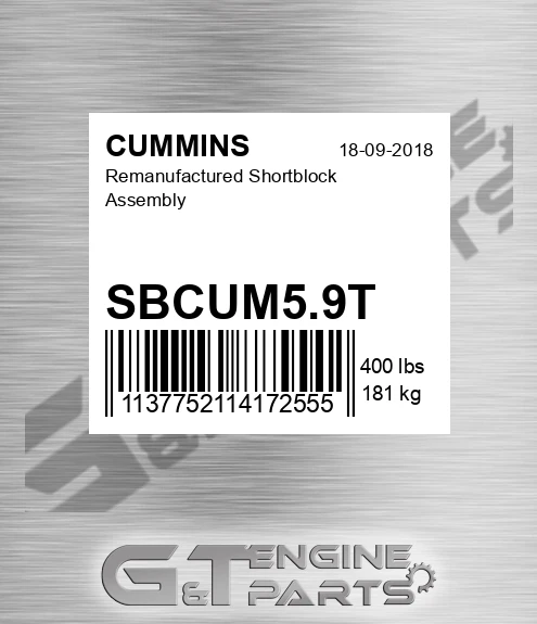 SBCUM5.9T Remanufactured Shortblock Assembly for CUMMINS